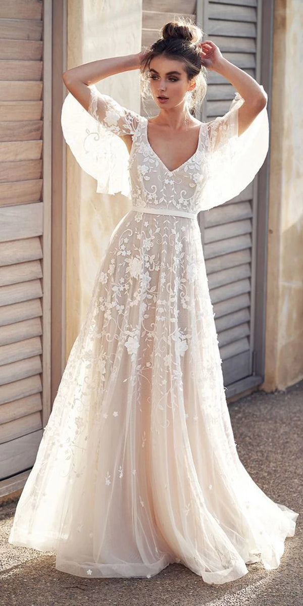 Elegant Women White Lace Wedding Dresses Flare Sleeves Mermaid Gown
